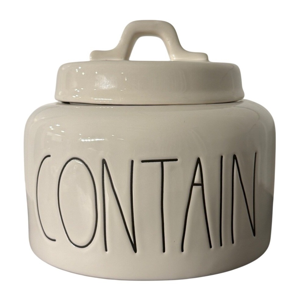 Rae Dunn Artisan Collection CONTAIN Ceramic Canister with Lid Ivory Black Letter
